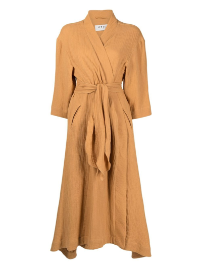 0711 Long-sleeve Wraparound Gown In Brown