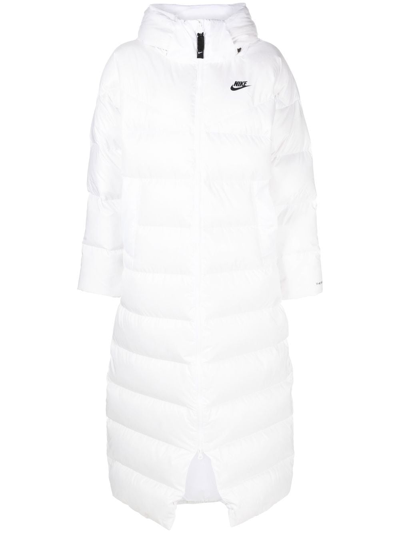 Nike Swoosh-print Long Puffer Coat In White