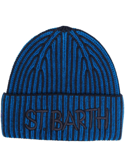 Mc2 Saint Barth Logo-embroidered Knitted Beanie In Blue