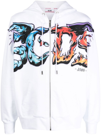 Gcds Man White Zipped Hoodie With Multicolored  Maxi Graphic Print