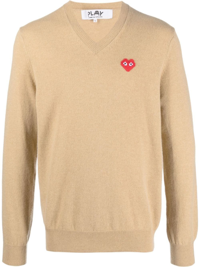 Comme Des Garçons Play Heart-patch V-neck Sweater In Beige