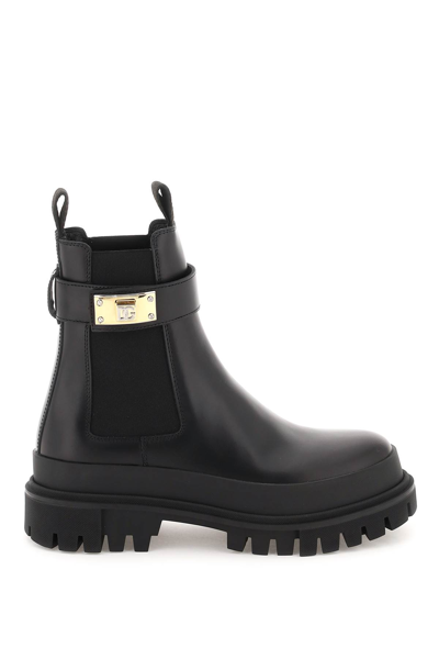 Dolce & Gabbana Leather Ankle Boots With Logo Closure In Black