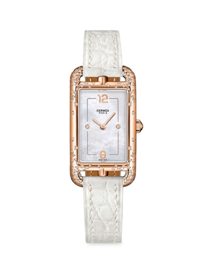 Hermes Women's Nantucket 18k Rose Gold, Diamond, & Alligator Leather Strap Watch