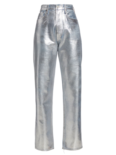Agolde Women's 90s Pinch-waist Coated Rigid High-rise Straight-leg Jeans In Tin Foil