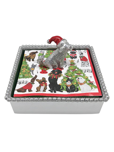 Mariposa Traditions Santa Hat Dog Beaded Napkin Box, Napkins & Weight Set In Silver