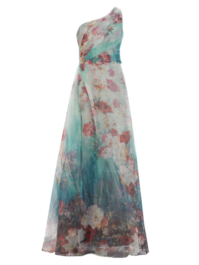 Rene Ruiz Collection Women's One-shoulder Floral Print Gown In Aqua Multi