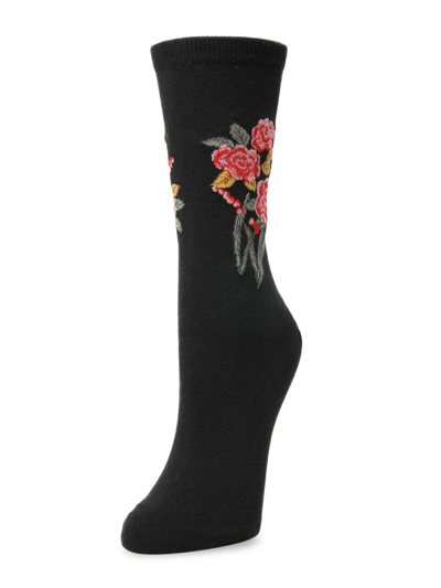 Natori Women's Rose Garden Cotton Blend Crew Socks In Black