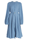 Chloé Belted Long Sleeve Linen Voile Dress In Pure Blue