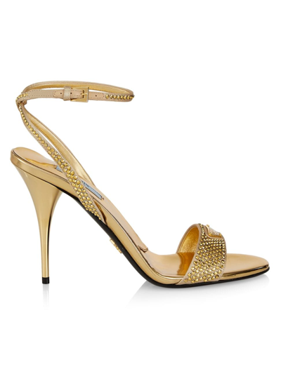 Prada Crystal-embellished Metallic Leather Sandals In Gold