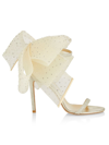 Jimmy Choo Aveline 100 Bow-detailed Glittered Woven Sandals In Platinum