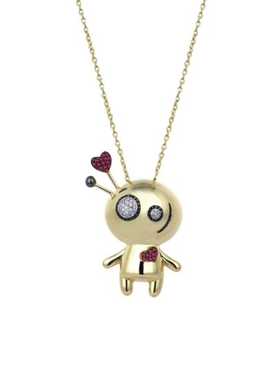 Her Story Women's Vodoo 14k Yellow Gold, 0.22 Tcw Diamond, & Ruby Doll Pendant Necklace