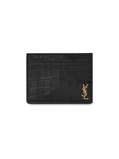 Saint Laurent Ysl Monogram Croc Embossed Leather Card Case In Black