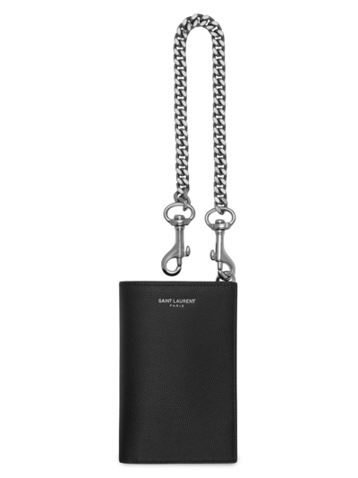 Saint Laurent Men's Chain Bi-fold Pebbled Leather Wallet In Black
