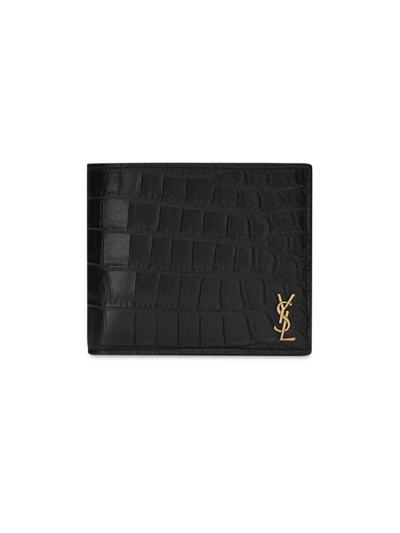 Saint Laurent Men's Tiny Cassandre East/west Wallet With Coin Purse In Crocodile Embossed Matte Leather In Black