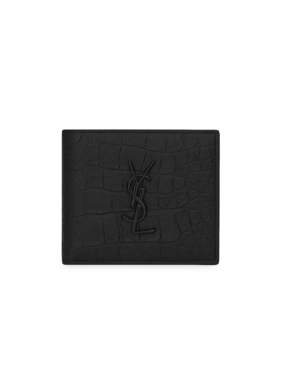 Saint Laurent Men's Croc-embossed Monogram Leather Wallet In Black