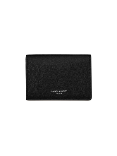 Saint Laurent Men's Business Card Holder With Flap In Grain De Poudre-embossed Leather In Black