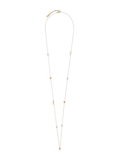 Saint Laurent Heart Pendant Necklace In Aged Brass Gold Crystal