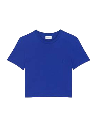 Saint Laurent Embroidered-logo Cropped T-shirt In Blue