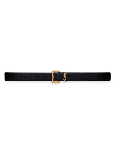 Saint Laurent Men's Cassandre Belt With Square Buckle In Crocodile-embossed Leather In Black