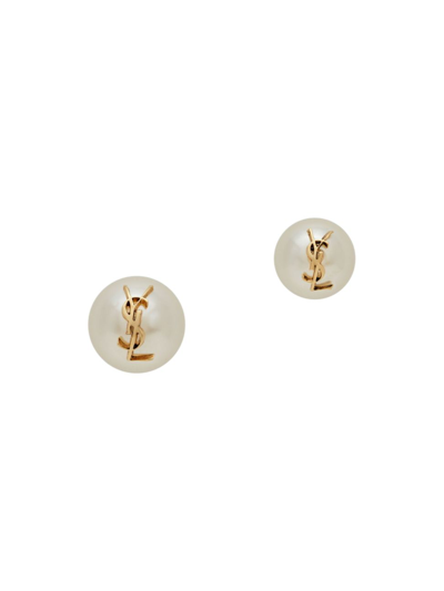 Saint Laurent Women's Faux Pearl Logo Earrings In Cream