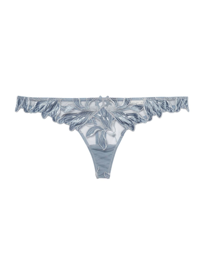 Fleur Du Mal Lily Velvet-trimmed Embroidered Tulle Thong In Steel Blue