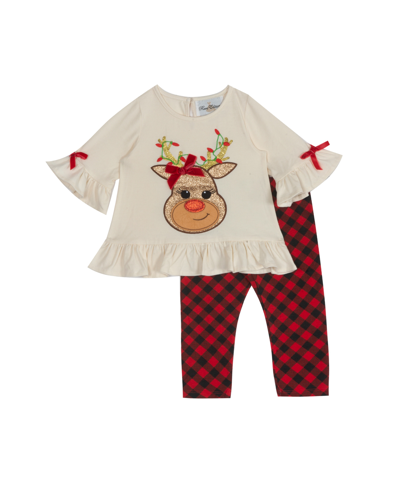 Rare Editions Baby Girls Solid Knit Top With Reindeer Applique And Check Printed Legging Set, 2 Piece In Ivory