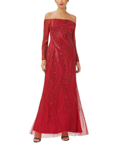 Adrianna Papell Petite Beaded Off-the-shoulder Gown In Cranberry