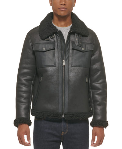 Tommy Hilfiger Men's Faux Leather Shortie Rancher Jacket With Fleece Accents In Black