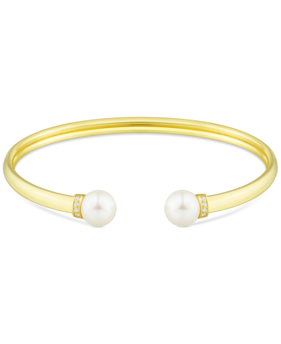 Honora Cultured Freshwater Pearl (8mm) & Diamond (1/20 Ct. T.w.) Cuff Bangle Bracelet In 14k Gold-plated St