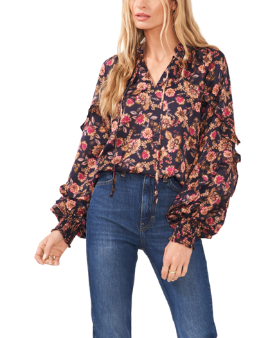 1.state Women's Floral Ruffle Split Neck Long-sleeve Blouse In Woodblock Floral