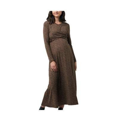 Ripe Maternity Shae Animal Print Cross Front Long Sleeve Maternity Dress In Tan