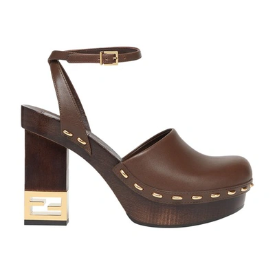Fendi Leather High-heeled Clogs In Marron
