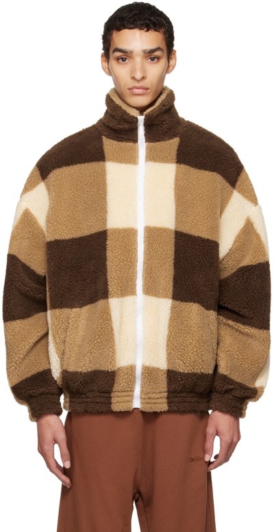 Drôle De Monsieur Checked Fleece Zip-up Bomber Jacket In Brown