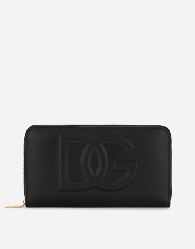 Dolce & Gabbana Calfskin Zip-around Wallet With Dg Logo In Black