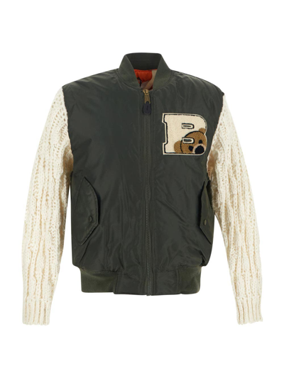 Blast-off Bomber Jacket W/contrast Wool Sleeves In Green