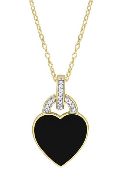 Delmar 18k Yellow Gold Plated Enamel & Diamond Heart Necklace In Black