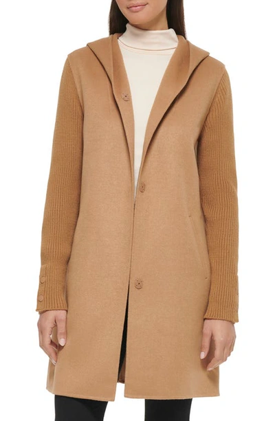 Kenneth Cole New York Double Face Wool Blend Hooded Coat In Camel