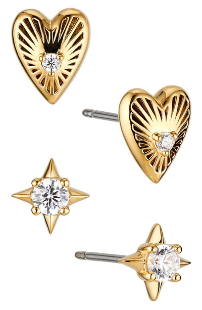 Ajoa Set Of 2 Heart & Star Stud Earrings In Gold