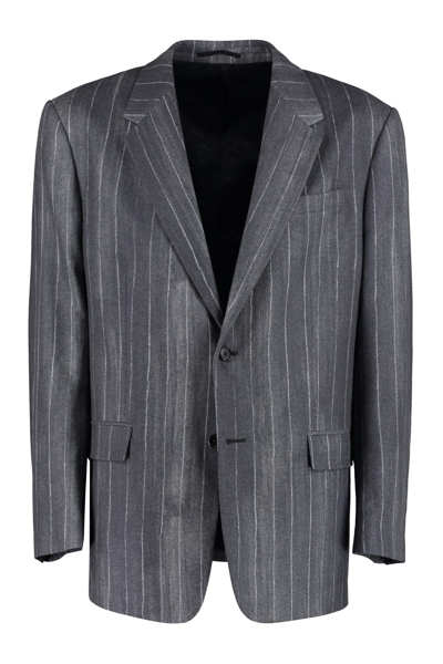 Versace Single Breasted Striped Long Sleeved Blazer In Grey