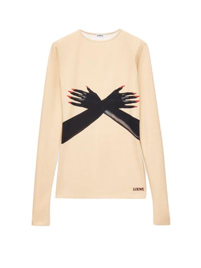 Loewe Neutral Hand Print Long-sleeved Top In Beige Black