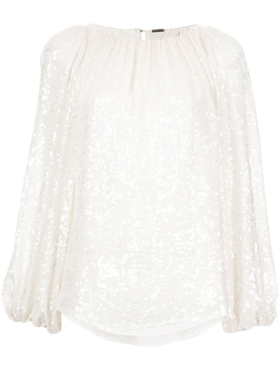 Adam Lippes Draped Sequin Long-sleeve Blouse In Neutrals