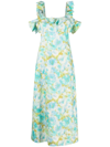 Zimmermann High Tide Frilled Midi Dress Aqua Ikat Floral In Green