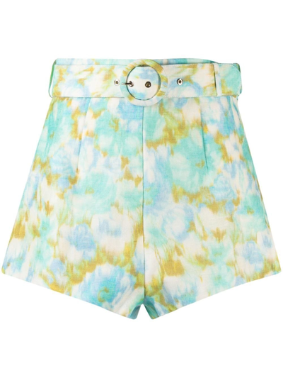 Zimmermann Printed Belted Shorts In Green