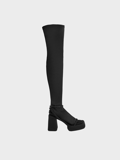 Charles & Keith Lucile Satin Thigh-high Boots In Black Textured