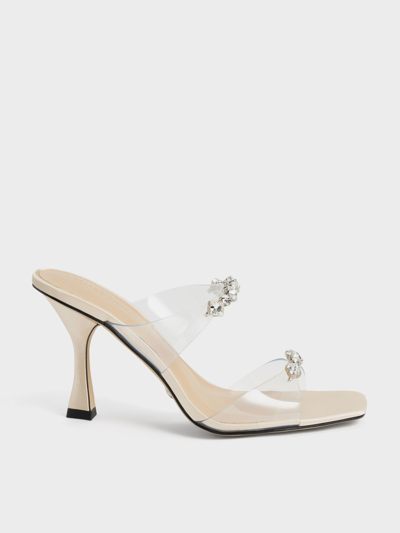 Charles & Keith Gem-encrusted Clear Strap Sandals In Nude