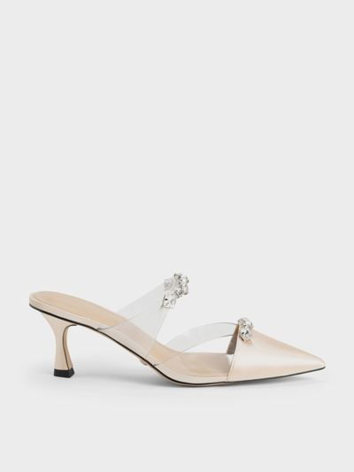 Charles & Keith Gem-embellished Clear Strap Mules In Nude