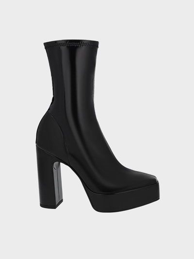 Charles & Keith Patent Platform Block Heel Ankle Boots In Black