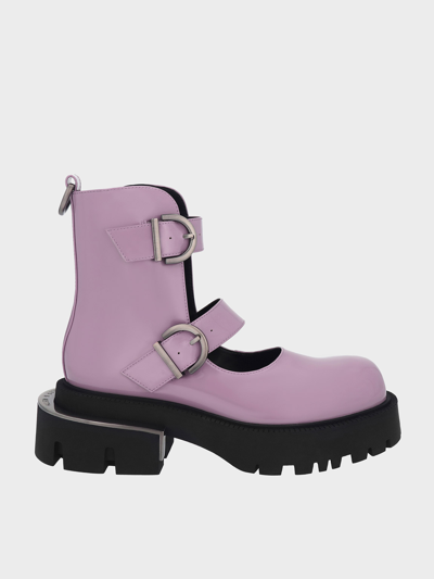 Charles & Keith Selma Patent Buckled Chunky Boots In Lilac