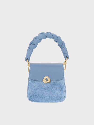 Charles & Keith Moira Furry Braided Handle Pouch In Light Blue