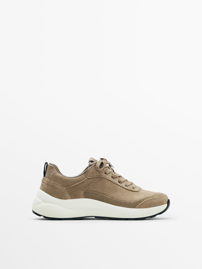 Massimo Dutti Soft Split Suede Trainers In Camel